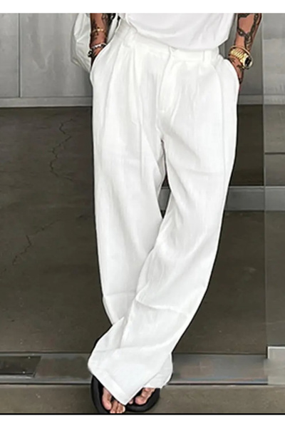 Butik Ross White Linen Baggy Fit Trousers