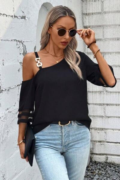 Mossta One Shoulder Tulle Sleeve Accessory Detailed Crepe Blouse - Black