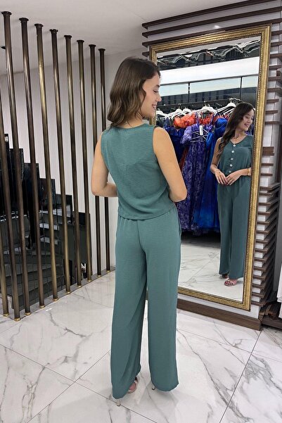 By Saygı Women's V-Neck Button Front Blouse Elastic Waist Pocket Palazzo Pants Ayrobin 2 Piece Set