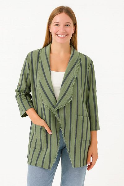 enmodaiçgiyim Jachetă de damă din muselină din bumbac 100% – dungi verde bleumarin, franjuri, model elegant de vară oversize