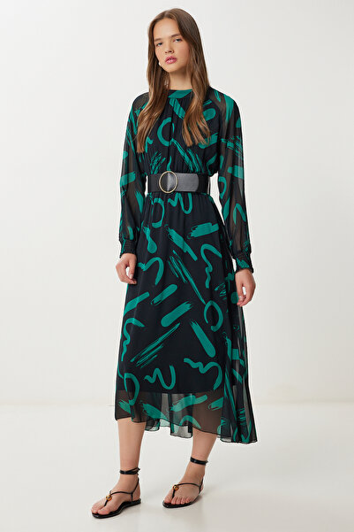 Lovelyİstanbul Φόρεμα σιφόν με μοτίβο με ζώνη LFG0075 ΜΑΥΡΟ ΠΡΑΣΙΝΟ