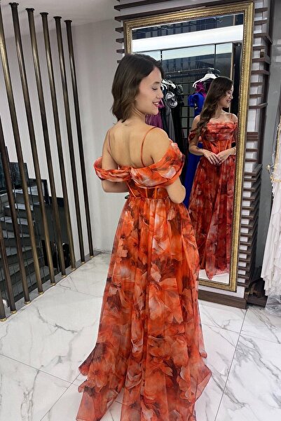 By Saygı Women's Thin Strap Low Sleeve Underwire Front Draped Lining Floral Organza Long Dress