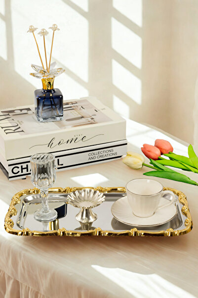 Yaren Style Gold Rose Patterned Stainless Steel Tray | 33X18 cm Luxury Presentation Tray
