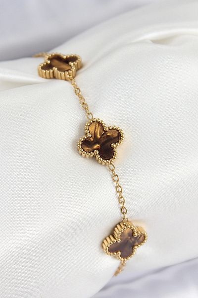 shopwave 316L Steel Pearlescent Brown Gold Color Clover Women's Bracelet