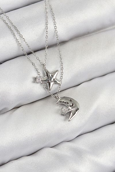 shopwave Brass Zircon Stone Star and Moon Model Silver Color Women's Necklace