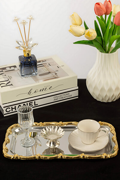 Yaren Style Gold Rose Patterned Stainless Steel Tray | 33X18 cm Luxury Presentation Tray