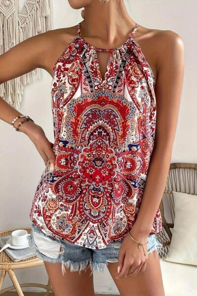 Mossta Halter Neckline Drop Detailed Patterned Single Jersey Blouse - Red