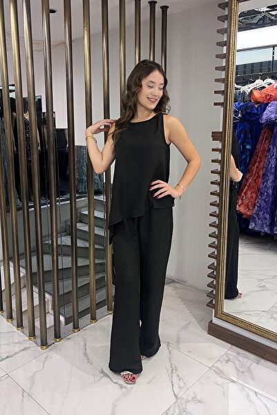 By Saygı Γυναικεία αγκράφα Λεπτομερής φούστα Ασύμμετρη μπλούζα Ελαστική μέση με τσέπες Palazzo Παντελόνι Λινό Σετ 2 τεμαχίων