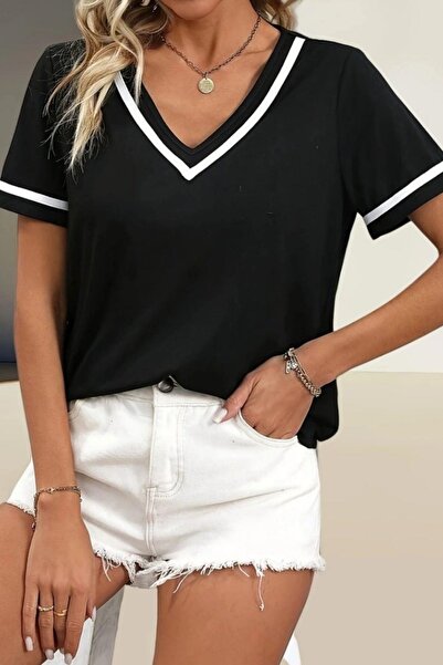 Mossta بلوزة فيسكوز بأكمام قصيرة ورقبة على شكل حرف V - أسود