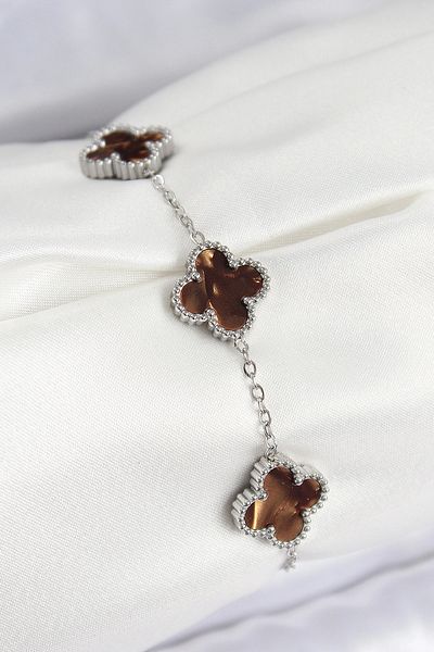 shopwave 316L Steel Pearlescent Brown Silver Color Clover Women's Bracelet