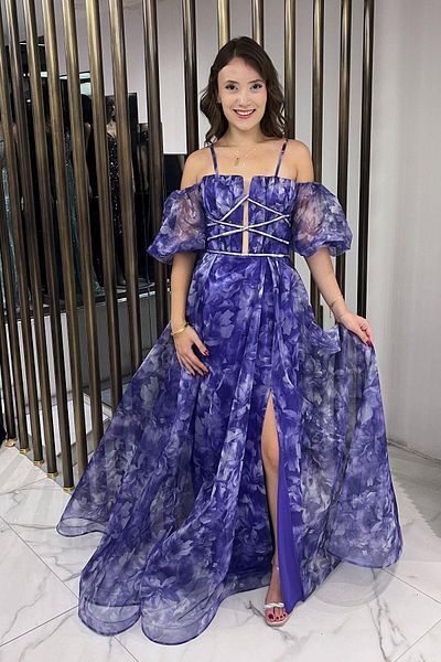 By Saygı Women's Thin Strap Low Sleeve Lined Front Bias Detail Floral Organza Long Dress
