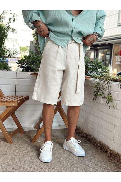 manch collection Κρέμα σορτς με λεπτομέρεια από 100% λινό