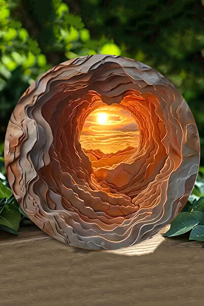 HALL BREATHE 3D Katmanlı Mağara Görünümlü Ahşap Duvar Süsü Güneşli Gün Batımı...