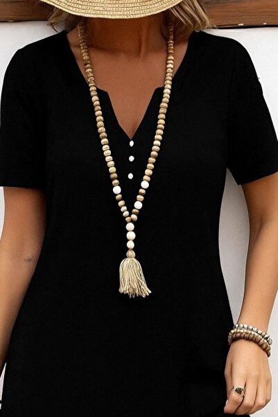 Mossta V-Neck Short Sleeve Viscose Dress with Hem Pattern - Black