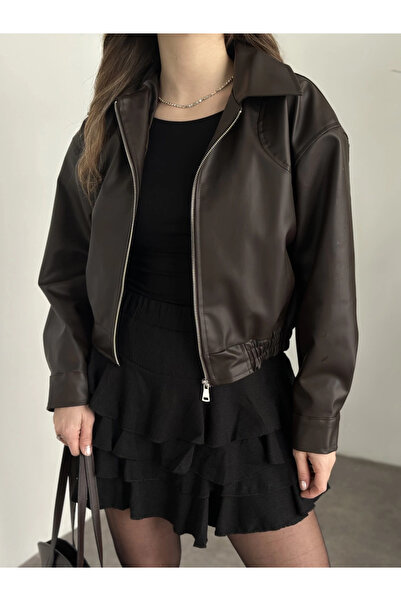 MEYASU Дамско кожено яке тип бомбър с голям размер