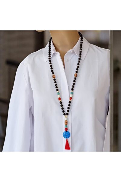 shop قلادة طويلة بتصميم أونيكس أسود وحجر سوريان مع شرابة