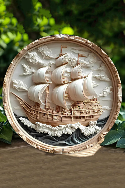 kutuTR Dekoratif Ahşap Gemi Temalı Yuvarlak UV Baskılı 3D GÜRÜNÜMLÜ Duvar Süs...