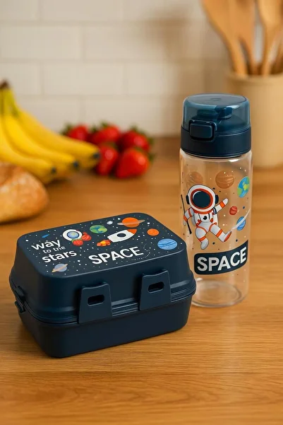 A&A 2-Piece Space 4 Compartment Lunch Box, 500 ml Flask Set Lunch Box and Water Bottle Set