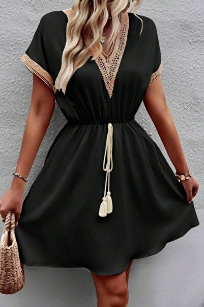 Mossta V-Neck Lace Detail Waist Tie Viscose Dress - Black