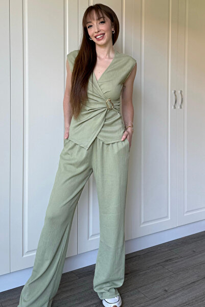 Dilay Gökoğlu Butik Çağla Green Buckle Double Breasted Collar Suit