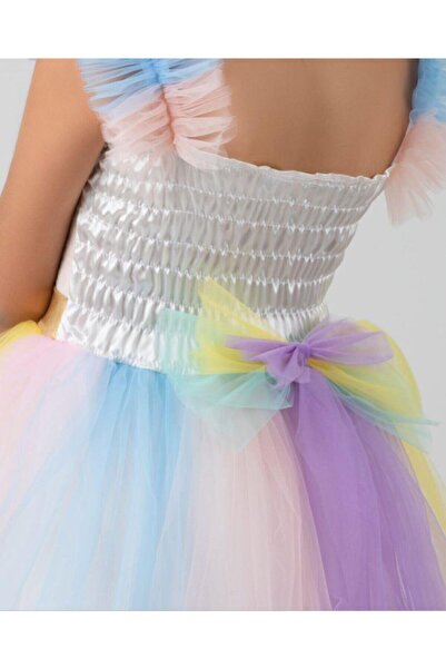 Saatistan Renkli Tarlatanlı Unicorn Çocuk Kostümü ve Taçlı Eğlence Seti