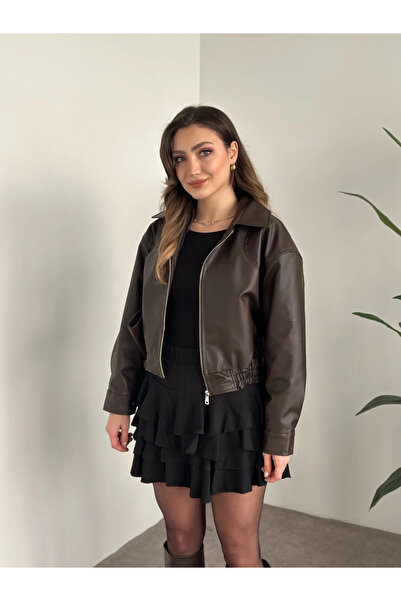 MEYASU Дамско кожено яке тип бомбър с голям размер