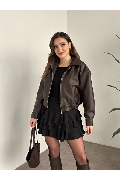 MEYASU Дамско кожено яке тип бомбър с голям размер