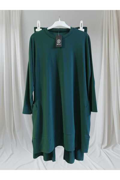 Afili Women's Emerald Green Pants with Side Pockets and Elastic Waist Sandy Suit