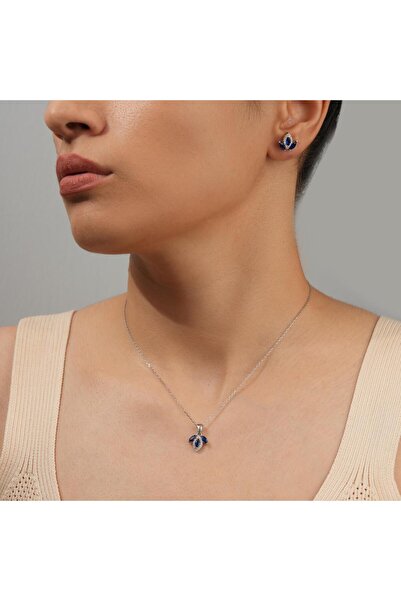 Siset Gümüş 925 Ayar Rodyum Kaplama Safir Taşlı Yaprak Model Gümüş Set
