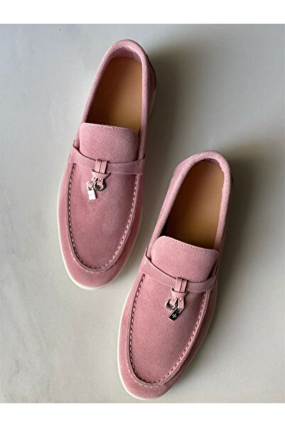 Shoego Vinza Pembe Hakiki Deri Fiyonk Detaylı Düz Taban Kadın Babet