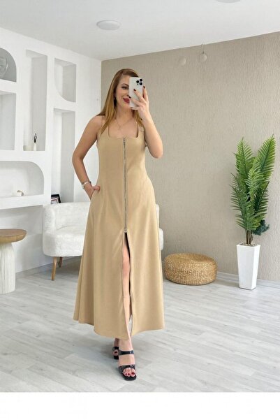 Mossta Square Neck Front Zipper Long Crepe Dress - Beige