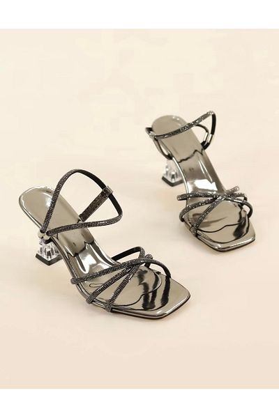 RED VELVET Stoned Cross Strap Transparent Heeled Shoes