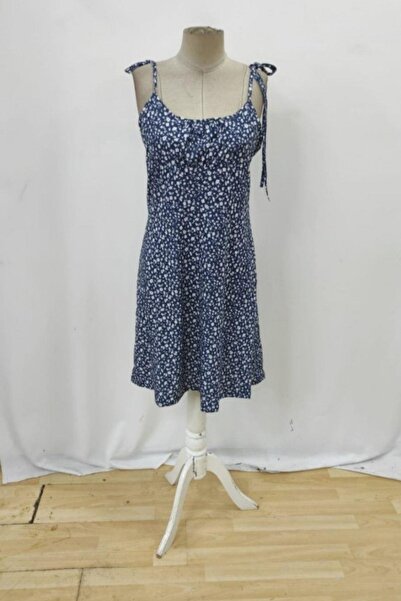 Mossta Rochie mini din jerseu cu bretele, gât pătrat și detaliu cu șnur - Albastru