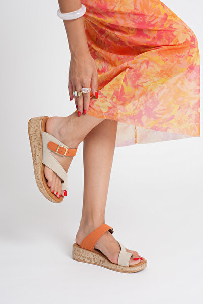 Taran Barbara Women's Gold Buckle Detailed Stylish and Comfortable Daily Suede Slippers