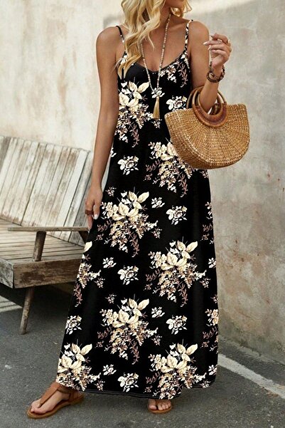 Mossta Καλοκαιρινό μακρύ φόρεμα μονόχρωμο με λουλουδάτο σχέδιο με λουράκια - Μαύρο