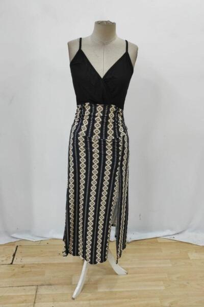 Mossta Double Breasted Collar Patterned Slit Midi Dress - Black