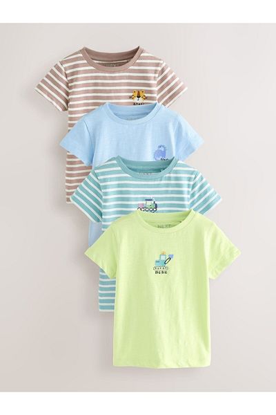 Next Baby Σετ μπλουζάκια 4 τεμαχίων με κοντό μανίκι 100% βαμβακερό μπλε κίτρινο ζωικό σχέδιο