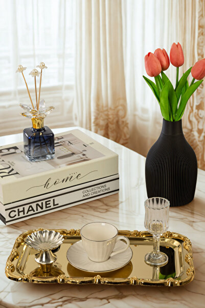 Yaren Style Gold Rose Detailed Framed Presentation Tray | 33X18 cm Stainless Steel Luxury Coffee Tray