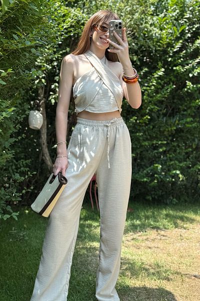 Dilay Gökoğlu Butik Beige Linen Halter Neck Suit