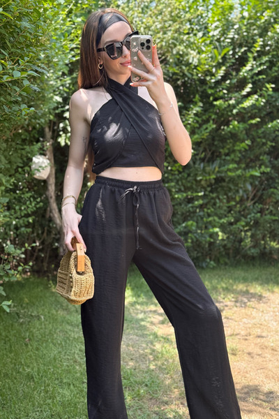 Dilay Gökoğlu Butik Black Linen Halter Neck Suit