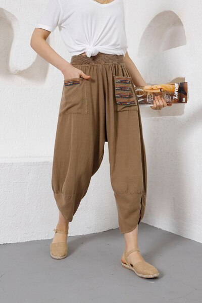 NEW JOURNAL Women's Ethnic Embroidery Pocket Linen Pants