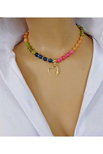 shop Renkli Doğal Akik Taşlı Kalp Detaylı Çakra Kolye