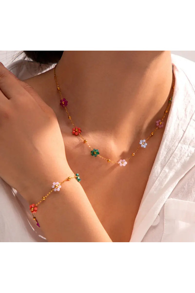 N AKSESUARLAR TARZ ÇELİK TAKI ÇELİK RENKLİ ÇİÇEK KOLYE İLE BİLEKLİK SETİ