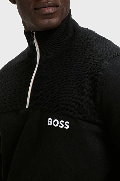 BOSS Şerit Detaylı Pamuklu Regular Fit Yarım Fermuarlı Dik Yaka Kazak Erkek KAZAK 50541953 001
