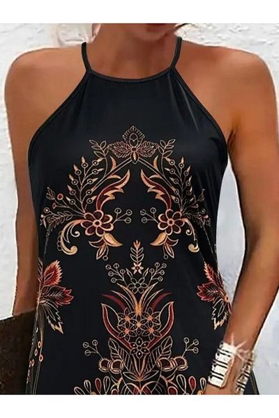 JANES Women's Zero Sleeve Halter Neck Patterned Single Jersey Dress