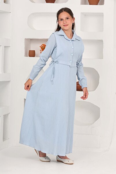 Asortik Kids Κοριτσίστικο μακρύ ύφασμα Seersucker Gilet & Φόρεμα Σετ Χιτζάμπ δύο τεμαχίων – Κομψό Σετ με επένδυση-4948