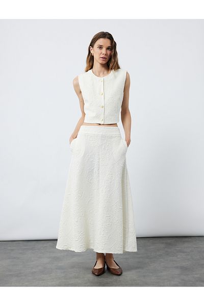 Koton Comfortable Fit Floral Textured Midi Length A-Line Skirt