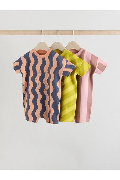 Next Baby 100% Cotton Brown Striped 3-Piece Romper Set