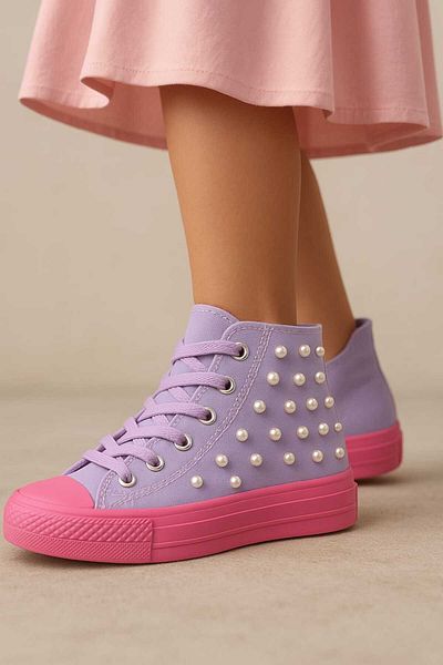 ECCAdesing Pearl Embroidered Canvas Purple Pink Sole Young and Female Children's Sneakers