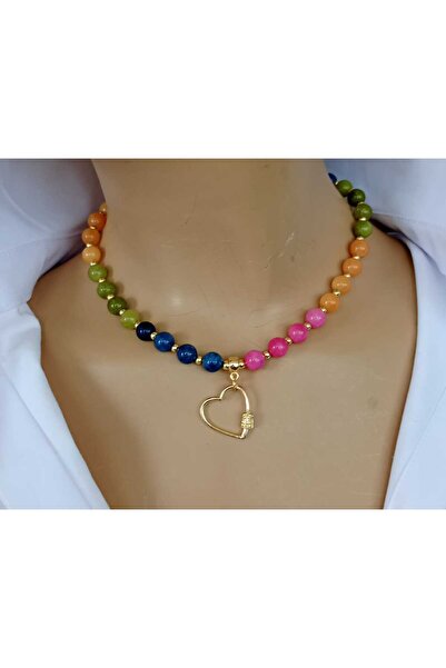 shop Renkli Doğal Akik Taşlı Kalp Detaylı Çakra Kolye